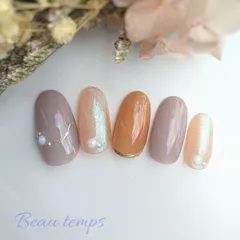 秋ネイル  ハロウィン オレンジ テラコッタ 紫 パープル パール ラメ  シンプル