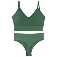 ブラジャー ショーツ Tバック セット ノンワイヤー 下着 女性 スポーツ ブラセット 運動 ヨガ ジム M グリーン