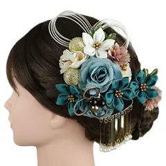 髪飾り 成人式 水引 つまみ細工 菱つまみ ビラ簪 青 振袖 前撮り 袴 水色 白 ゴールド 緑 黒 玉飾り 大きい 小さい 2点セット No.9-5345