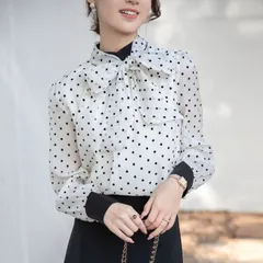 ボウタイブラウス レディース 4タイプ リボン パール付き ブラウス パール ドット柄 水玉柄 無地 フォーマル トップス シャツskwmmg07