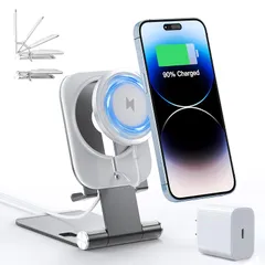 ワイヤレス充電器 Magsafe対応 iPhone 16/15/14/13/12 Pro Max Miniシリーズ対応【ワイヤレス充電スタンド+ 20W USB-Cアダプター付属】マグネット式 USB-Cケーブル付き 折り畳み式 角度調節 スマホ充電器 ス 0