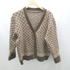 ◇ JUNOAH ジュノア Vネック 柄物 生地厚め 長袖 カーディガン サイズ表記なし ブラウン レディース E  【1304120039360】