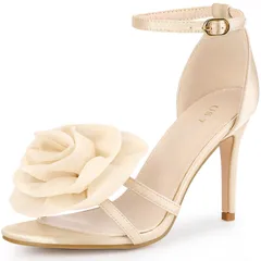 Perphy 女性用フラワーアンクルストラップスティレットヒールサンダル シャンパン 24.5cm