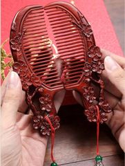 超美品! 小葉紫檀木櫛 檀木櫛 木櫛 手彫り彫り花の木櫛 梅 花 梅ペア 定情信物定