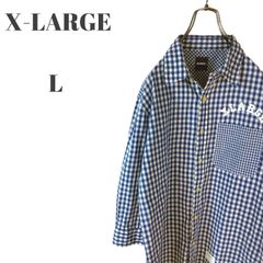 XLARGE エクストララージ 長袖シャツ 七分袖 プリントロゴ 胸ポケット付き ブルー ホワイト チェック メンズ Lサイズ