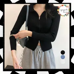 リブニットトップスレディースジップアップ ニットセーター 前開き フィット感 きれいめ フロントZIP ショート丈 Vネック 長袖ニットアウター 無地 オルチャン カジュアル大人女性 羽織ニットソー韓国 ニットカーディガン 86XANYT-063