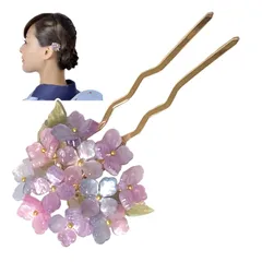 【在庫セール】髪飾り 浴衣 紫陽花 【夏の和装にあう涼やかなワンポイント髪飾り】 かんざし 和装小物 ＆JuJu (ペールカラー かんざしタイプ（ヘアピン）)