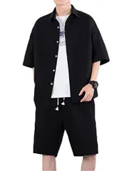 M_ブラック [Froyland] セットアップ メンズ 半袖シャツ ショートパンツ 上下セット 5分袖 カジュアルシャツ ハーフパンツ ルームウェア 部屋着 上下 薄手 アウター 無地 韓国 夏服 おしゃれ ブラック M
