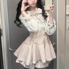 ツイード風 セットアップ✴︎　ワンピース ピンク×ホワイト フリルリボン付き 地雷系 量産型 かわいい ガーリーコーデ 姫系 双子コーデ 推し活コーデ 渋谷 原宿 ぴえん系女子 ロリータ 界隈 ロリータ可愛い