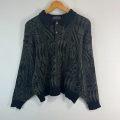 90s 総柄 ニット セーター 長袖 ポロシャツ ブラック アースカラー メンズ 古着 カジュアル ストリート　アメカジ