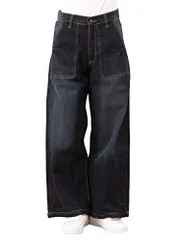 M_ネイビー (デニム) [ハッピー ホヌ] ジーンズ レディース ベイカーパンツ ワイド ストレッチ ハイウエスト オールシーズン ボトムス デニム M ネイビー