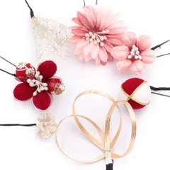 髪飾り 成人式 赤 振袖 前撮り 袴 花 7点セット ピンク 白 ゴールド 花 組紐 ちりめん 玉飾り レース 菱 和柄 Ｕピン Iピン か No.12-0373