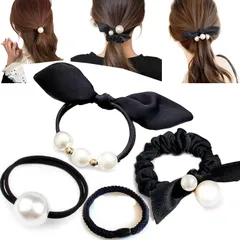 パール3種 [アオラー]Aollaaヘアゴム 黒 パール髪ゴム 大粒【オシャレ！4種6本Mix】パール子 ヘアシュシュ 可愛いリボンゴム 人気韓国風 おしゃれ大人ヘアアクセサリー 跡がつかない髪留めゴム 黒色 ヘアリングゴム レディース ヘアアレンジ パールゴ