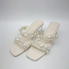 ◇ ⊂ RANDA ランダ ストーン付き スクエアトゥ サンダル ミュール サイズS ホワイト レディース E  【1411280026977】