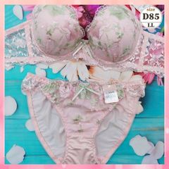 ★D85/LL☆美胸ブラ＆ショーツセット 脇高 美シルエット 谷間メイク 脇サイドスッキリ パステル花々 ピンク