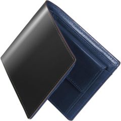 メンズ 2 つ折り財布、日本栃木産の高品質本革を使用。一流の職人が丹念に作り上げた薄型コンパクトなデザインで、カードを 9 枚収納できるほか、小銭入れも充実。父の日に父に贈る、実用的で高級感あるプレゼントとして最適です。(ブラック・ブルー)GMLZ4680LT