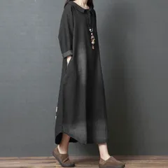 デニムワンピース【XLサイズ】 デニム ワンピ レディース 無地 ゆったり マキシ丈 フレア