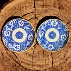 【2客セット】染付 印判皿 [三枡 桜模様] 平皿 取り皿 盛り皿 飾り皿 大正 昭和 和食器 骨董品 アンティーク