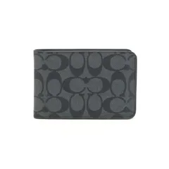コーチ COACH トラベル ウォレット PVC レザー シグネチャー F37990 二つ折り財布 ミディアムウォレット 長財布 カードケース 札入れ メンズ グレー / ブラック 美品 中古 mau21016