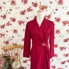 PROMOD ヴィンテージ テーラードカラー ワンピース ボルドー 赤系  フロントボタン風 長袖 フレンチクラシカル フランス製　フォーマル レトロ 上品 大人エレガント 春秋 MADE IN FRANCE