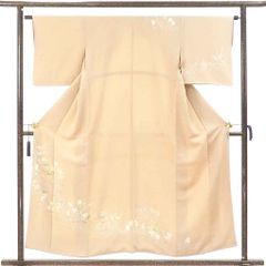 訪問着 身丈155cm 裄63cm 前幅24cm 後幅30cm 袖丈45cm 袖幅32cm レディース 袷 花柄 裄Mサイズ 秋冬春用 正絹（シルク）ブラウン やや難 リメイク リユース リサイクル【呉服のきくや】