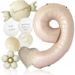 【新品】 deerzon くすみベージュ 9歳 くすみカラー 数字 バルーン 誕生日 飾り付け 10点 セット 大きい 65cm くすみ ニュアンスカラー ナンバーバルーン バースデー 0
