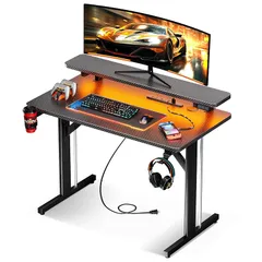 MOTPK ゲーミングデスク LEDライト付き ゲーミングテーブル PCデスク 炭素繊維天板 モニター台付き パソコンデスク フック付き コンセント付き ゲーミング机 ゲームデスク 幅80cm*奥行50cm*高さ75cm ブラック 1