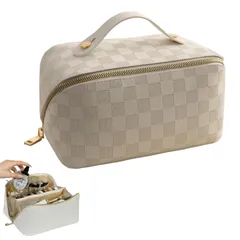 格子縞-白 Gevlonecirly 化粧ポーチ メイクポーチ 大容量 PUレザー 格子縞 たて縞 広口 収納バッグ 収納ポーチ メイクバッグ 化粧品バッグ 防水 洗面バッグ 多機能 旅行用 コスメ収納 外出に便利 (格子縞-白)