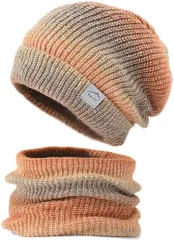 CUBATTY 母の日 ニット帽 ネックウォーマー セット レディース 帽子 防寒 ニットキャップ 裏起毛 厚手 防寒保温( オレンジ,  58.0 cm)