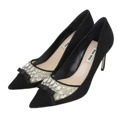 未使用品▲Miu Miu ミュウ ミュウ ビジュー リボン付き スウェードレザー パンプス ブラック 37 箱・保存袋付き イタリア製 レディース