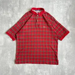 90s TOMMY HILFIGER トミーヒルフィガー USA製 オーガニックコットン チェックポロシャツ レッド ロゴ刺繍 XLサイズ