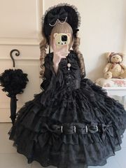 新品未使用 冬用 ロリータドレス JSK吊りスカート 多層レース＆リボン装飾 ドール風 甘ロリ 豪華デザイン 撮影会・推し活・イベント用 プレゼントにも最適 ブラック