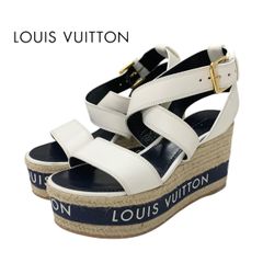 ルイヴィトン LOUIS VUITTON バウンダリ―ライン サンダル 靴 シューズ レザー ホワイト ネイビー 白 ロゴ ウェッジソール アンクルストラップ