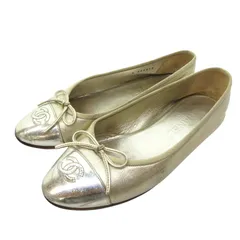 シャネル CHANEL ココマーク リボン バレエシューズ フラットシューズ グリッター メタリック ゴールド レザー 約24cm IBO73 0614
