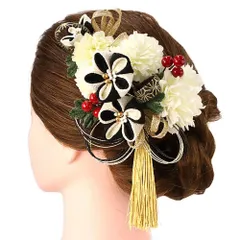 髪飾り 成人式 つまみ細工 水引 振袖 前撮り 袴 浴衣 夏祭り 花火大会 豪華2点セット 白 黒 ゴールド ちりめん 房付き 和柄 ヘ No.9-3995