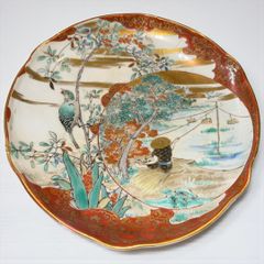 美品　古伊万里　陶器　年代物　盛り皿　角皿　八角絵皿　線画　山水の絵柄が素敵な 古伊万里 八角絵皿 [竹草花風景図] 染付 年代物 大皿 角皿 平皿