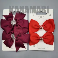 [T071]リボンバレッタセット（リボン4個）（キッズ、えんじ色・ボルドー・赤系、ヘアアクセサリー、ヘアクリップ、ハンドメイド、ラインストーン付き）