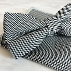 蝶ネクタイ 結婚式 新郎 親族 ブラック ホワイト 黒 白 千鳥格子柄 二次会 パーティ ポケットチーフ おすすめ 人気