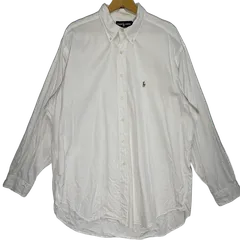 Ralph Lauren/ラルフローレン YARMOUTH ポニー刺繡 長袖 シャツ ボタンダウン ワンポイント刺繡 オーバーサイズ ビッグシルエット SRILANKA製 17 1/2～35 ホワイト