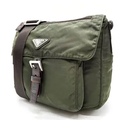 ✨良品✨ PRADA プラダ ショルダーバッグ メッセンジャーバッグ バックル フラップ  三角ロゴプレート シルバー金具 総柄 白タグ テスートナイロン レザー 肩掛け 斜め掛け レディース カーキ 緑色