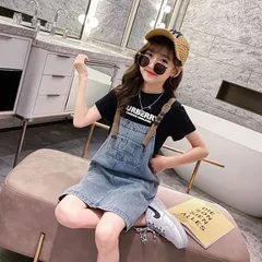 オールインワン【150cm】 サロペット スカート デニム キッズ tシャツ 半袖 女の子 セットアップ オーバーオール ワンピース 膝丈 夏 おしゃれ かわいい 可愛い カジュアル 子供服 子供 ジュニア こども 小学生 中学生  黒 150cm
