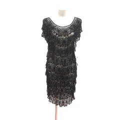 ラスコリナス LaSCOlinaS ワンピース ミニ ティアード 透かし編み フレンチスリーブ M～L 黒 ブラック /YK ●RY