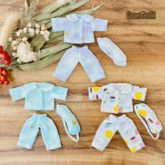 オビツ11 服 パジャマ 部屋着 ルームウェア ピコドー9 ねんどろいどどーる 可 ピコニーモP 1/12  男の子 女の子 シャツ ズボン セット アウトフィット ハンドメイド 水色 紫 ピンク 白 ヘッド ボディ ウィッグ 素体 通販 互換 ob11 Y3