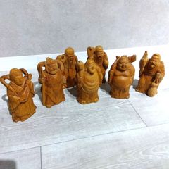 昭和レトロ 木彫 七福神 7体セット 箱入り 縁起物／民芸品 A380