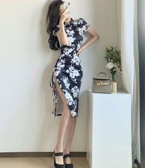 「モノトーンフラワー転写プリント　スリットシャーリングチャイナドレス」　チャイナ　ドレス　チャイナ服　キャバ　キャバドレス　 Mサイズ　ブラック　D-2143