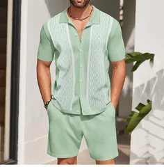 人気新品メンズ 半袖シャツ スウェット ジャージ サマーニット セットアップ 上下セット ハーフパンツ 夏 ショットパンツ 短パン 運動着 ライトグリーン