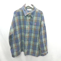 ◇ ⊇ BURBERRY HILLS POLO　CLUB チェック柄 ロゴ刺<!-利用不可文字-!> 長袖 ビッグシャツ サイズF ブラウン ブルー系 メンズ E  【1501230049610】