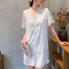 アウトレット品 ルームウェア XLサイズ 半袖 サテン とろみ シャツワンピース ロングシャツ パジャマ 寝巻 部屋着 夏 薄手 レース 前開き