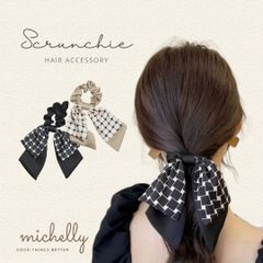 シュシュ リボン 格子 柄 黒 ベージュ ブラック ヘアアクセサリー 大きめ サテン ヘアゴム ヘアアレンジ 大人 きれいめ 上品 かわいい おしゃれ
