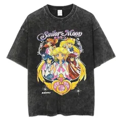 【90s复古】高級水洗い加工 セーラームーン プリントTシャツ ヴィンテージ加工 メンズ ユニセックス ストリート系 ブラック19